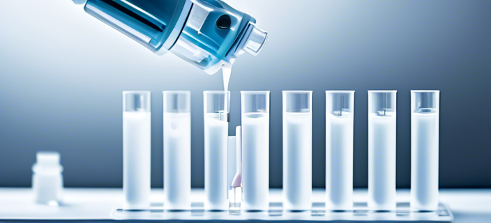 A white-colored device injecting liquid into test tubes, symbolizing AI in drug development