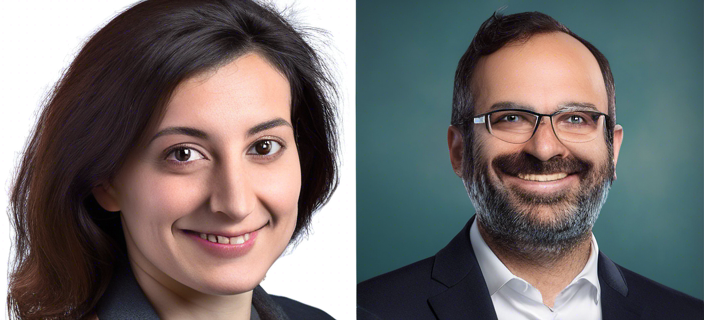 Headshots of Giulia Menichetti and Samuel Scarpino, leading figures in AI-driven drug development