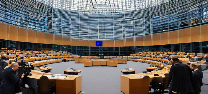 An image of the European Parliament building with Amazon lobbyists being turned away