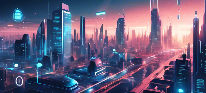 An illustration of a futuristic cityscape with AI-powered devices